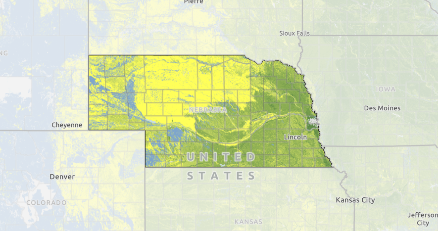 A map of Nebraska displaying the National Commodity Crop Productivity Index by soil map unit.