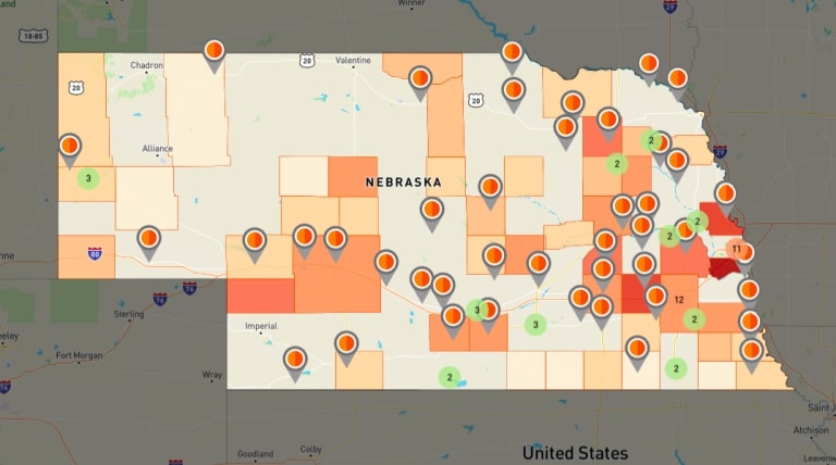 Map showing locations of food markets in Nebraska.