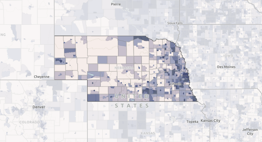 A map of Nebraska showing the availability of fiber internet.