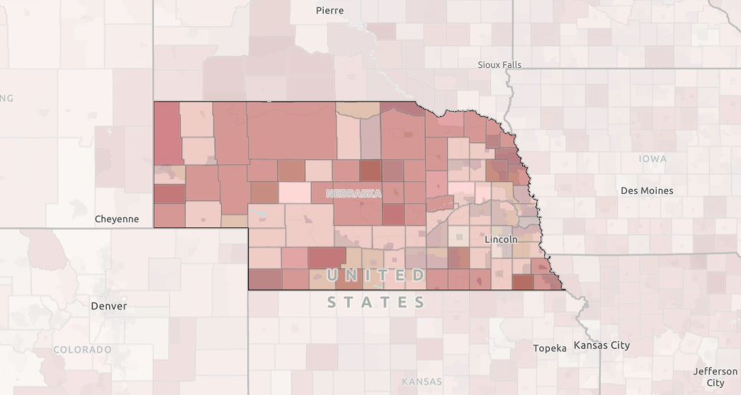 A map of Nebraska showing households with no internet access by county.