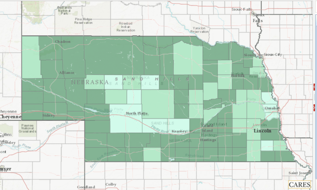A map of Nebraska showing the percent of youth engaged in 4H by county