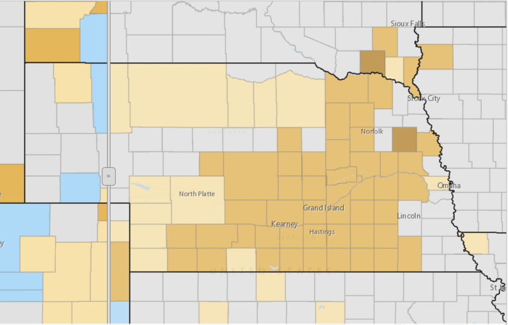 This map shows cash rent values by county for Nebraska.