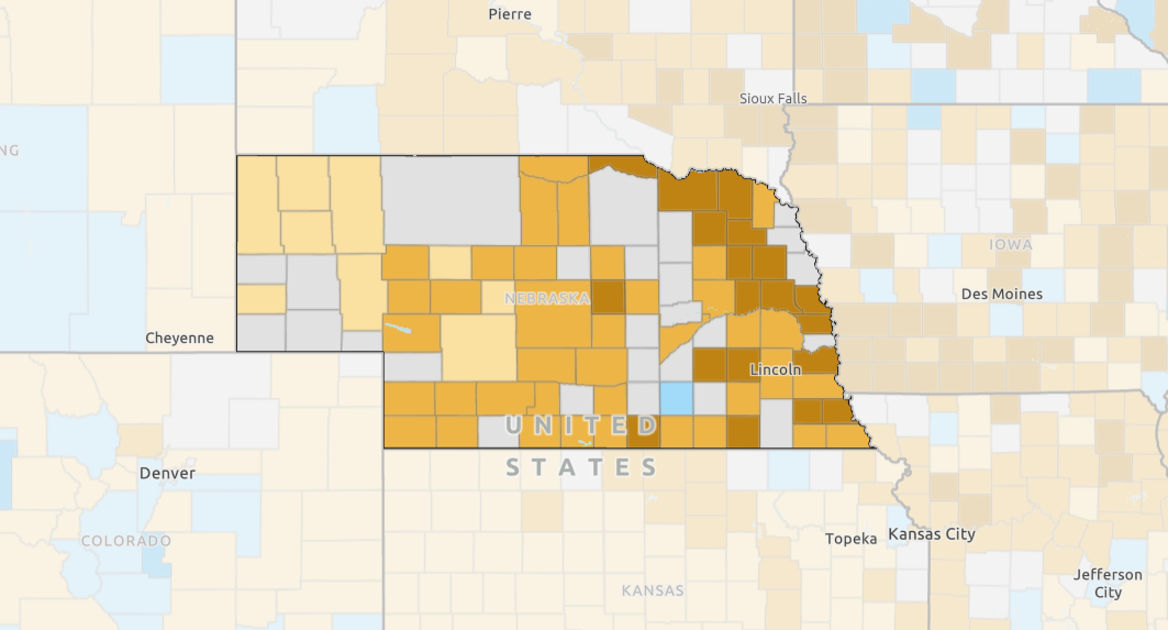 A map of Nebraska showing the change in cash rent values for pastureland by county.