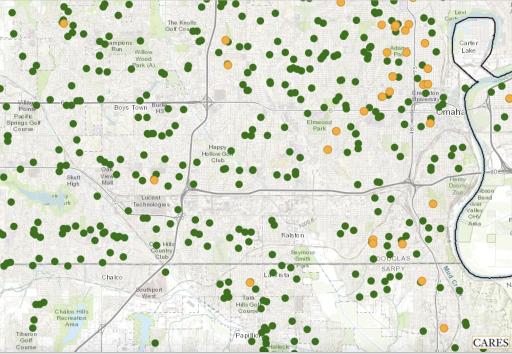 Map showing locations of child care facilities in Nebraska.