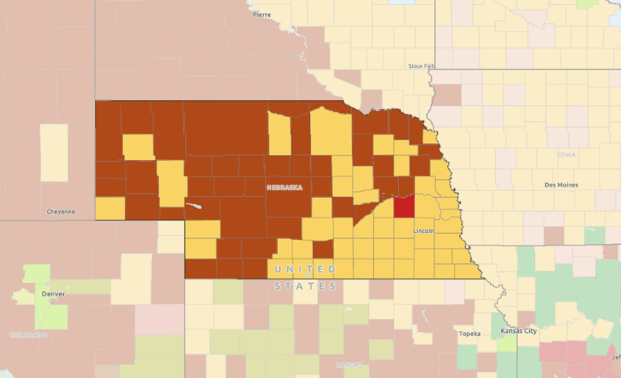 A map of Nebraska showing the top commodity produced in sales by county.