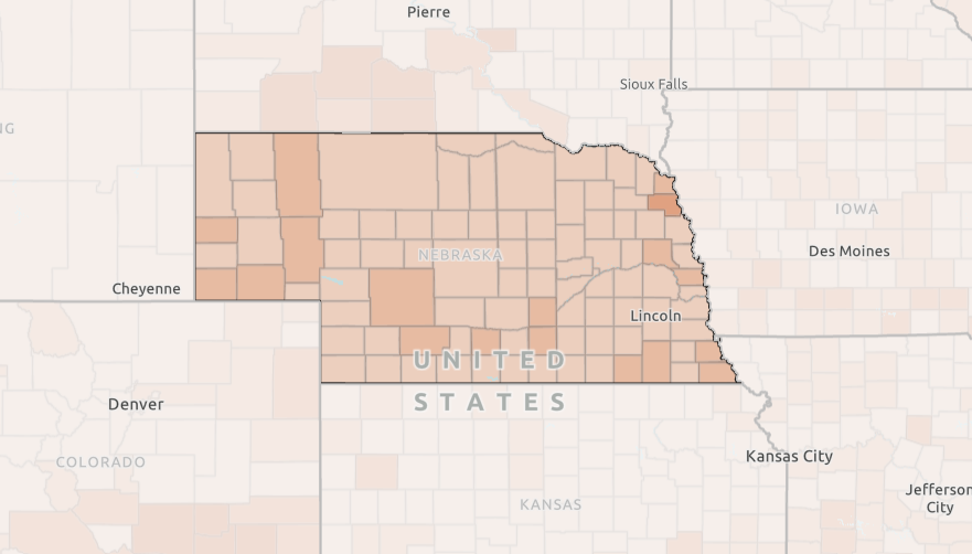 A map of Nebraska showing the percentage of the population by county receiving SNAP benefits.