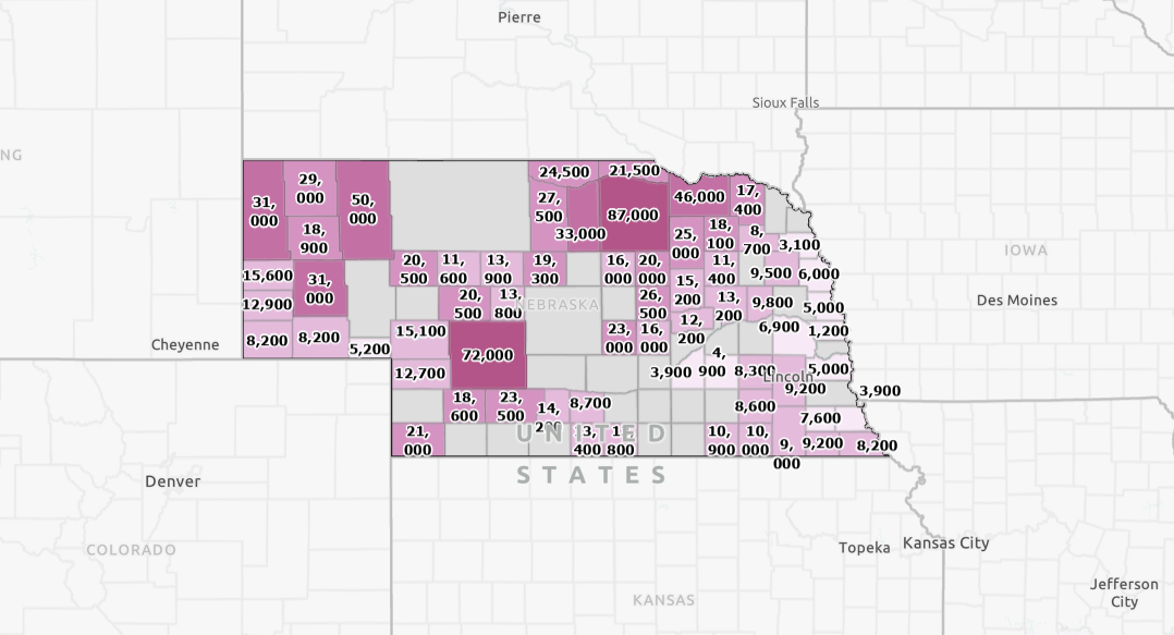 A map of Nebraska showing beef production by county.