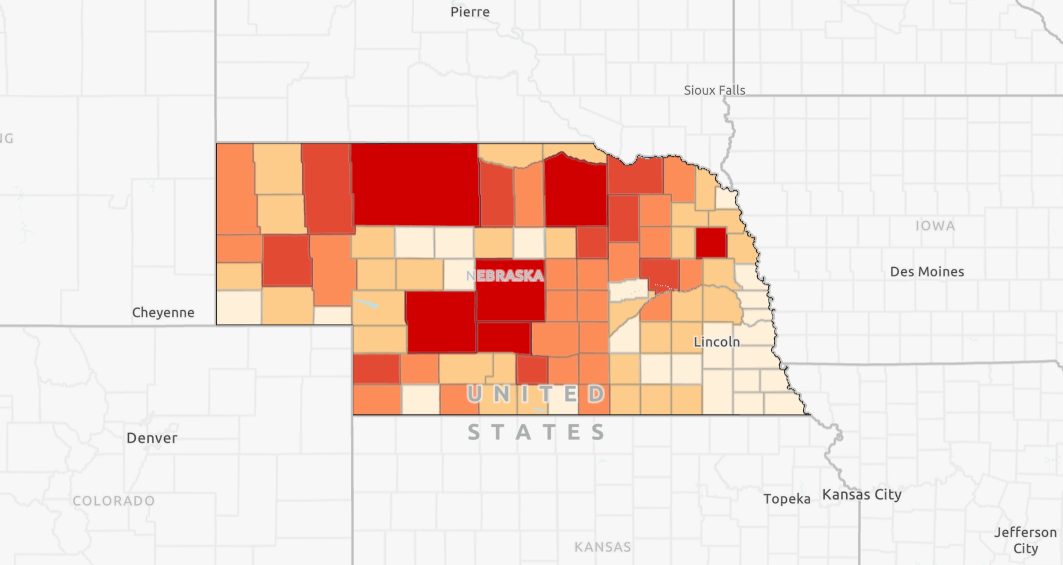 A map of Nebraska showing cattle and calf inventory by county.