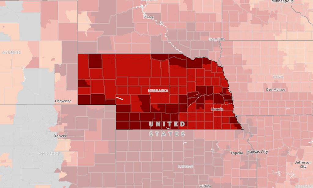 A map of Nebraska showing the days per year with heat exposure of 90 degrees or higher by county or census tract.