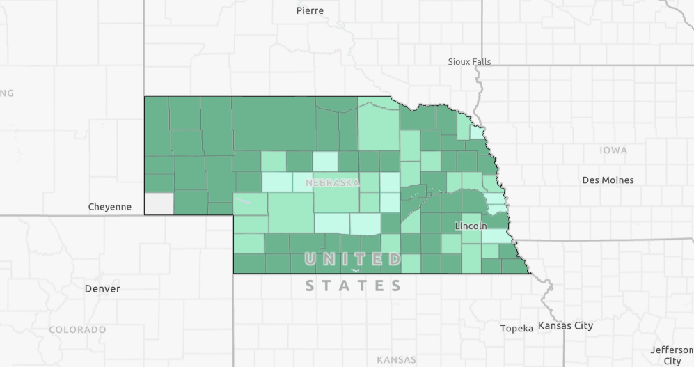 A map of Nebraska showing the percentage reach of 4-H by county.