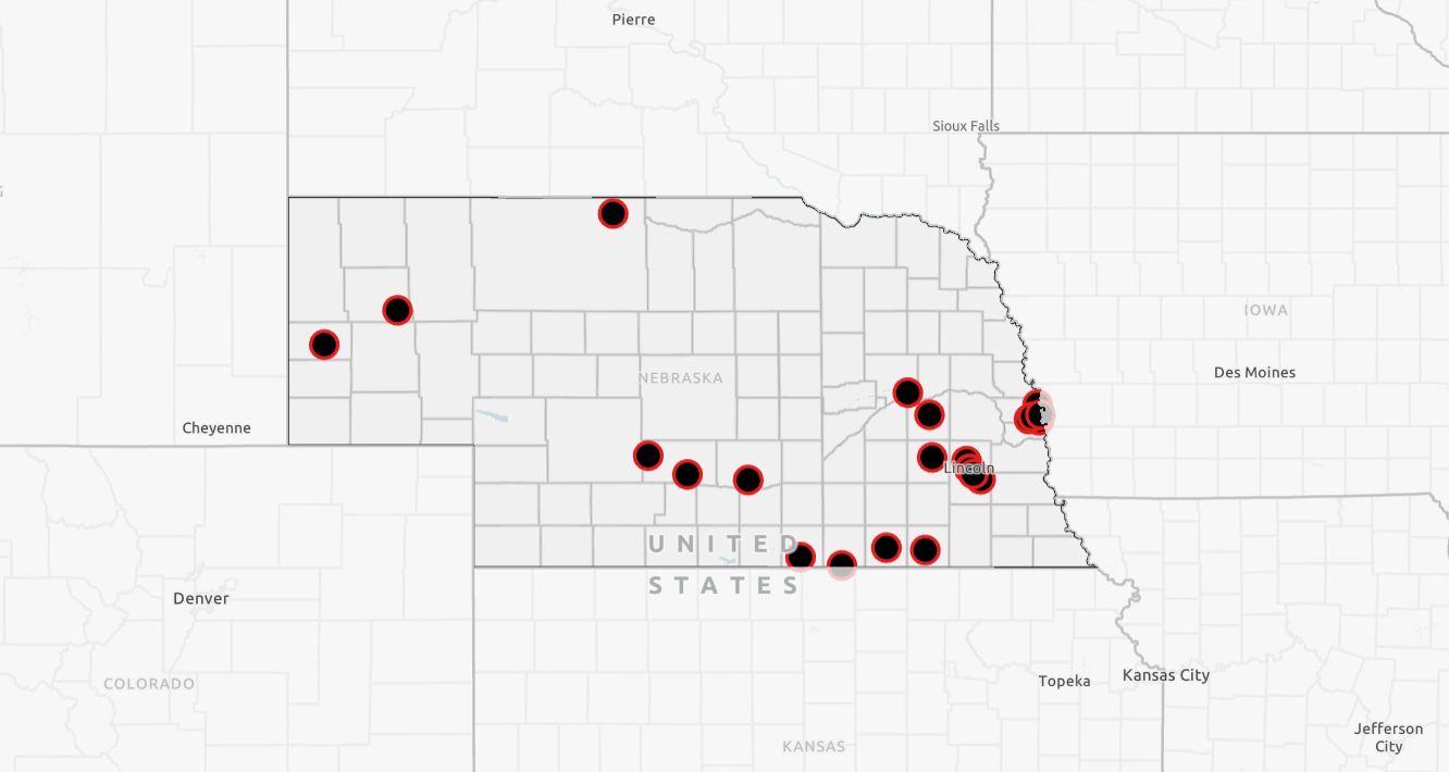 A map of Nebraska showing Double Up Food Bucks locations.