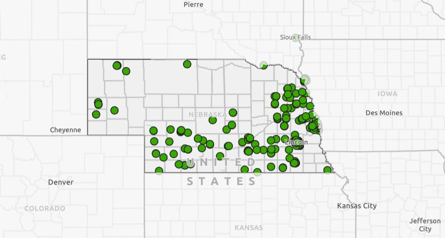 A map of Nebraska showing the location of Nebraska Extension Food, Nutrition & Health Partnering Organizations.