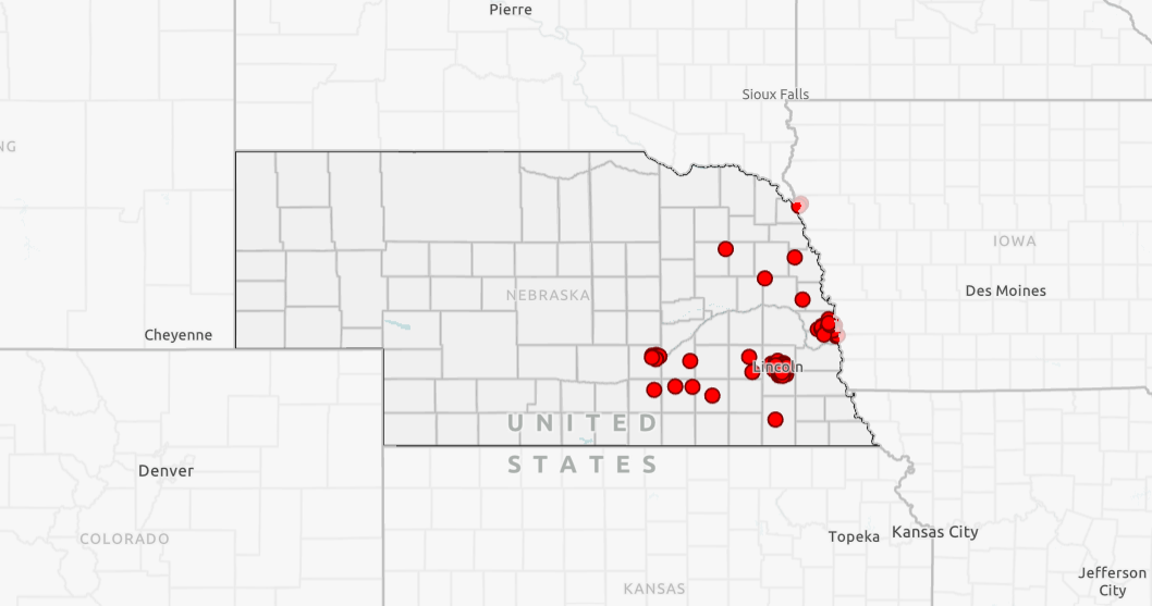 A map of Nebraska showing the location of Nebraska Extension Food, Nutrition & Health School Enrichment Kit sites.