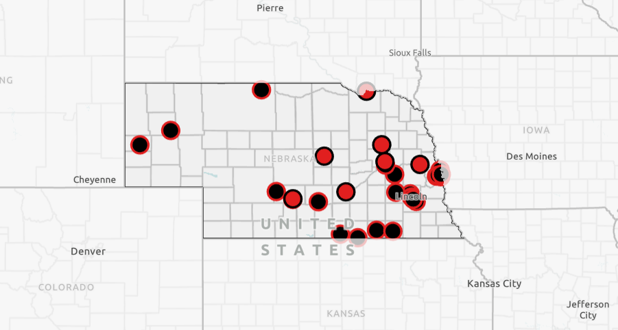 A Map of Nebraska showing Monthly Meal Kit and Double Up Food Bucks locations.