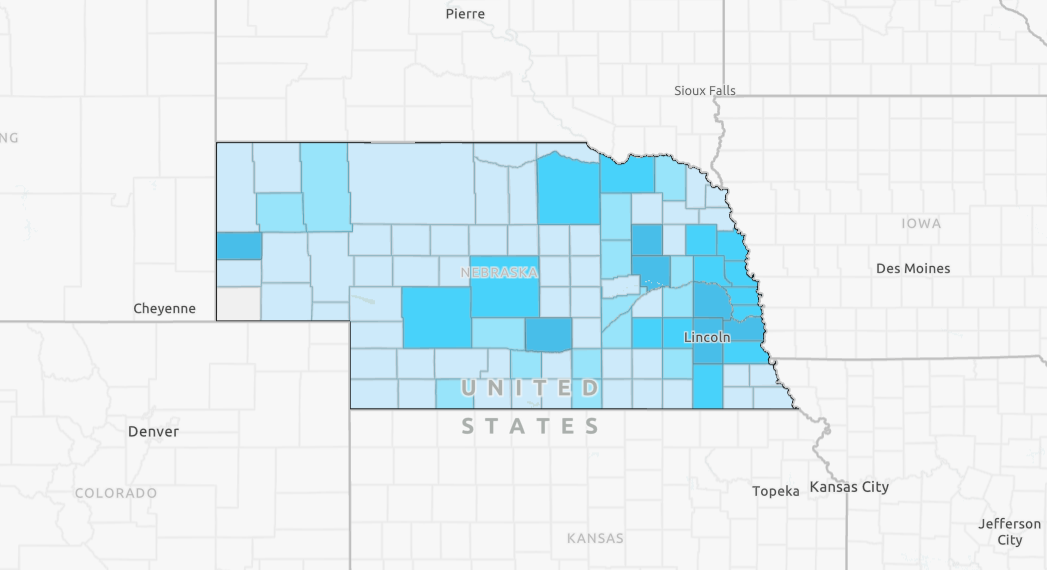 A map of Nebraska showing 4-H youth numbers by county.