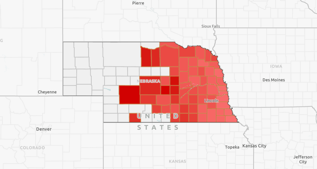 A map of Nebraska showing Soybean Cyst Nematode year of occurrence by county.