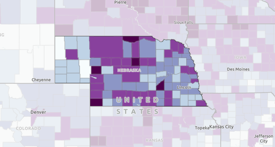 A map of Nebraska showing the percentage of ag operations with broadband access by county.