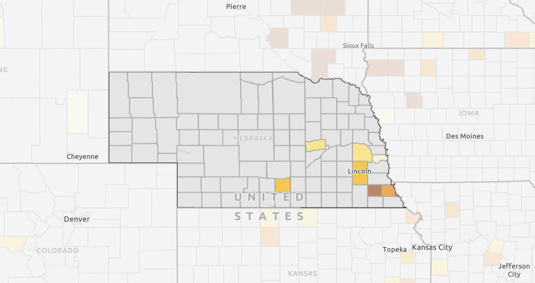 A map of Nebraska showing the outbreak of Avian flu by flock size, by county, over the past 6 months.