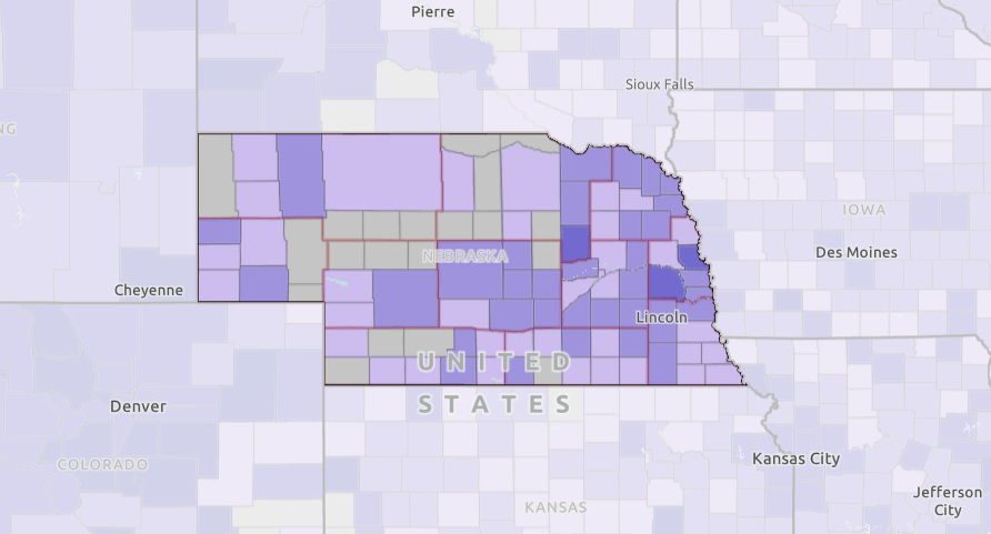 A map of Nebraska showing first-year business churn per 100 establishments, by county.