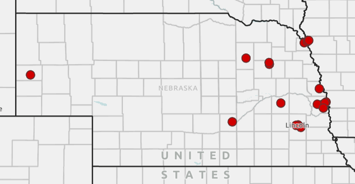 Map of Nebraska showing Growing Together Nebraska garden locations.