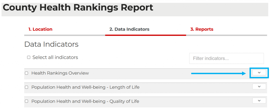 The Indicators page of the reporting interface, highlighting the indicator category drop down button, which allows you to expand the category and view its indicators.