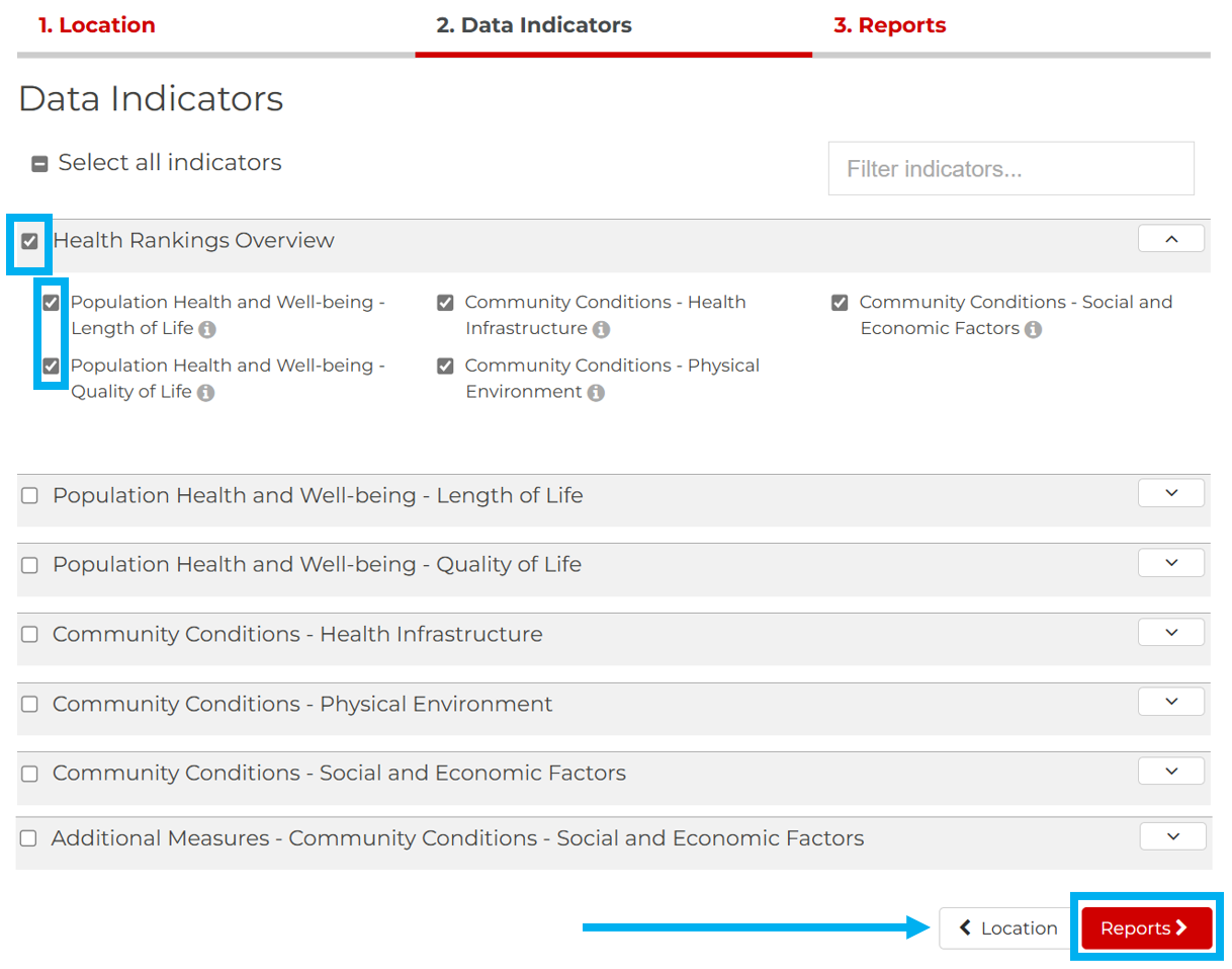 The Indicators page of the reporting interface showing how to select indicators.