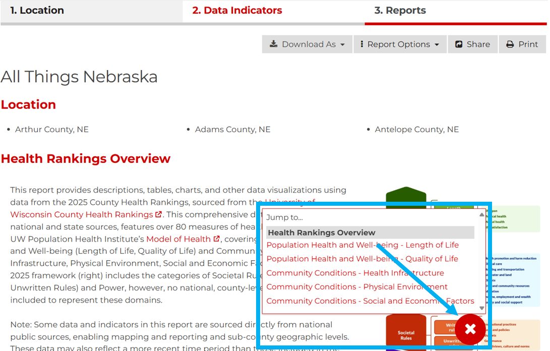 The Reports page of the reporting interface showing the report table of contents.