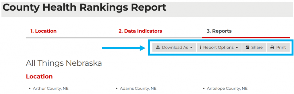 The Reports page of the reporting interface depicting the report controls, which allow you to download, share, print, or save the report.