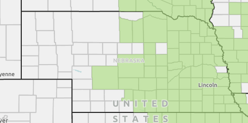 Map of Nebraska showing the appearance Southern Rust of Corn.