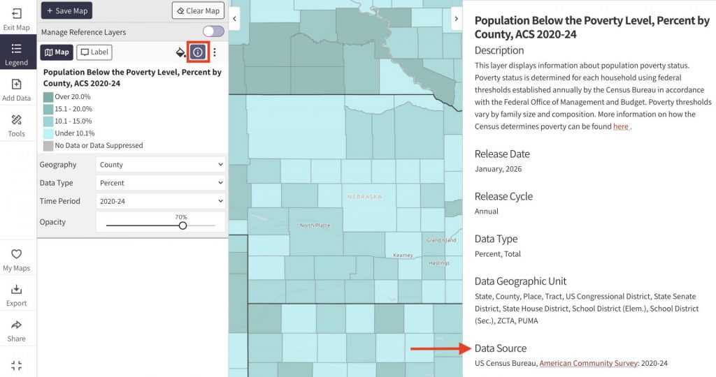 A screenshot of the Nebraska Map Room with a red box around the information button in the legend and an arrow pointing at the data source information on the bottom right of the screen.